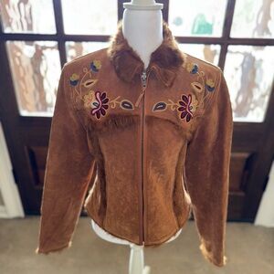 Cripple Creek Leather Embroidered Jacket Womens M Faux Fur Collar Countrycore